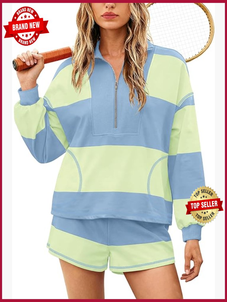 Oversized Striped 2 Piece Lounge Set Half Zip Pullover And Shorts